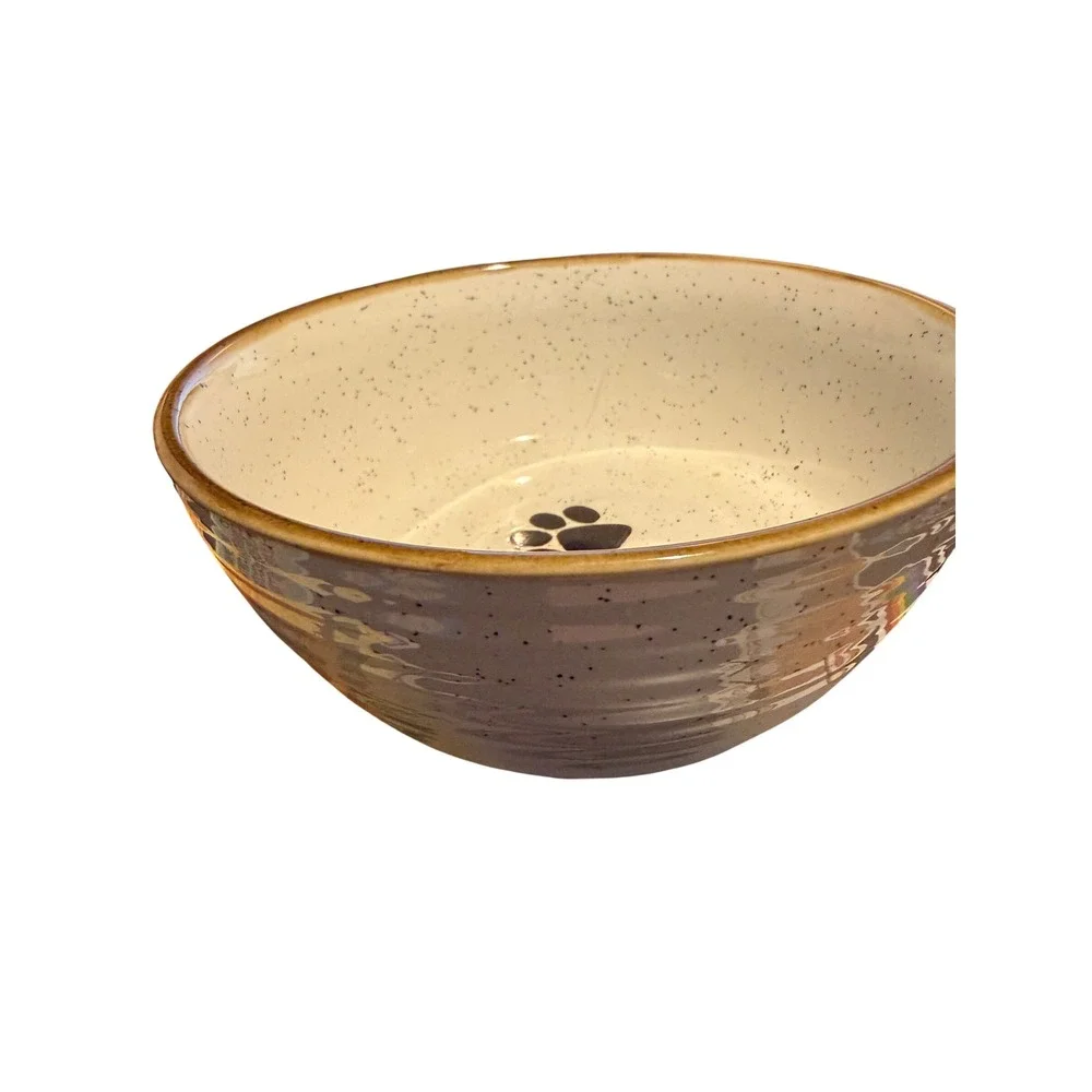 Signature Pet Bowl Dog Cat Cream Taupe Excellent Speckled Paw Print Ceramic